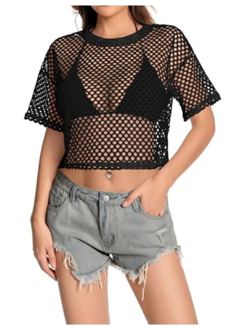 Women's Sheer Mesh Fishnet Crop Top Crew Neck Loose Fit See Through Summer